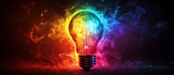 Canvas Print - Creative thinking symbolized by a light bulb, glowing filament, light rays bursting out, colorful sparks of innovation, abstract representation of ideas, modern and sleek design