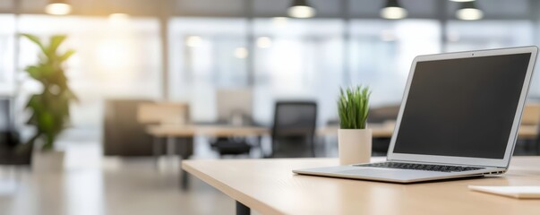 Poster - a modern office scene featuring a laptop on a desk, accompanied by a small plant, with a bright and 