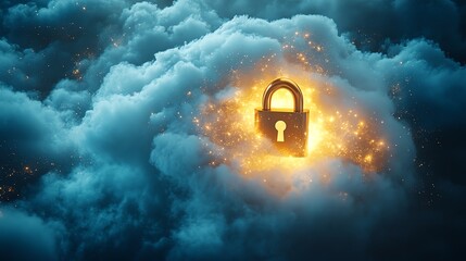 Poster - golden lock on a fluffy white cloud, glowing with light, symbolizing strong data security, cloud enc