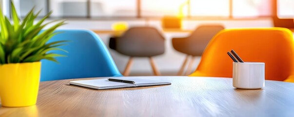 Poster - a bright, modern workspace featuring colorful chairs, a plant, and a desk with a notepad and pen, pr