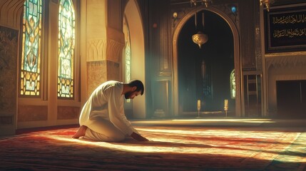 Aufkleber - A devoted Muslim man kneels in prayer within a beautifully adorned mosque. Soft beams of sunlight filter through stained glass, illuminating the tranquil setting