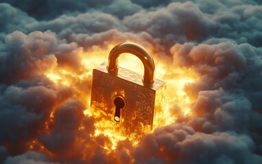 Poster - Golden lock resting on a white cloud, representing data security, soft glowing light, cloudbased encryption, digital protection, and modern technology integration