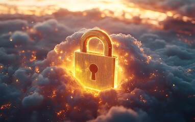 Poster - Golden lock symbol floating on a white cloud, symbolizing robust data security, cloud encryption, digital safety, glowing protection aura, and advanced technology design