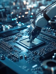 Poster - Robot arm assembling components on a motherboard in a high-tech electronics factory, showcasing automation and precision in modern manufacturing processes.