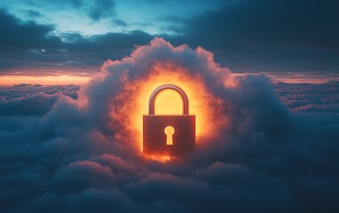 Poster - A golden lock on a white cloud, symbolizing secure data protection, glowing encryption, cloud technology, digital safety, and a futuristic security concept