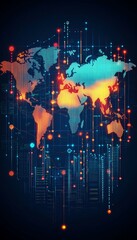 Poster - Global Network Connections Abstract World Map with Data Points, Lines, and Glowing Nodes.