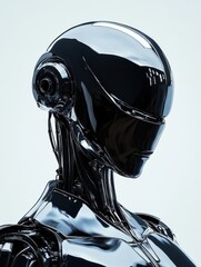 Poster - Close-up portrait of a futuristic robot with a shiny black helmet and a silver body.