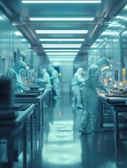 Poster - Workers in protective suits assembling electronics in a high-tech manufacturing facility surrounded by bright lights and a clean, controlled environment.