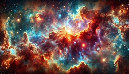 Wall Mural - A cosmic nebula in deep space, emphasizing vibrant red tones within swirling clouds of orange, red, blue, purple, and green