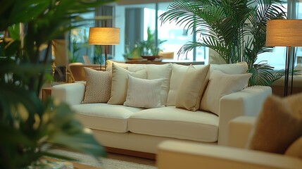 Poster - Luxurious cream sofa in modern lobby, plants, city view