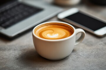 Poster - Espresso cup beside a laptop and smartphone in a cozy workspace setting