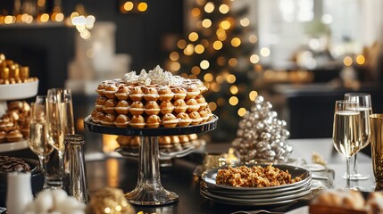 Poster - A New Year’s Day breakfast spread with gourmet carrot cake waffles, champagne glasses, and a table adorned with gold and silver party decorations