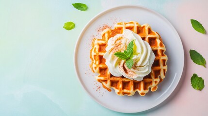 Poster - A single carrot cake waffle, artistically plated with a swirl of cream cheese frosting, a sprinkle of cinnamon, and a sprig of mint, set against a soft pastel background