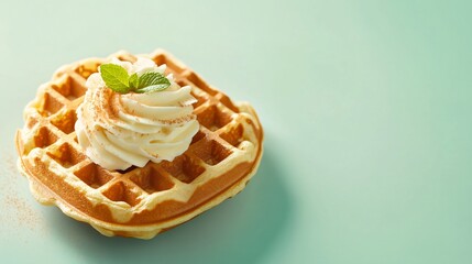 Poster - A single carrot cake waffle, artistically plated with a swirl of cream cheese frosting, a sprinkle of cinnamon, and a sprig of mint, set against a soft pastel background