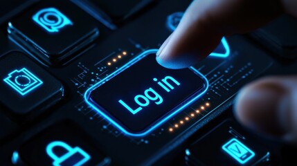 Fototapete - Close-Up of a Finger Pressing a Futuristic Log In Button on a Digital Keyboard Interface in a Technical Setting