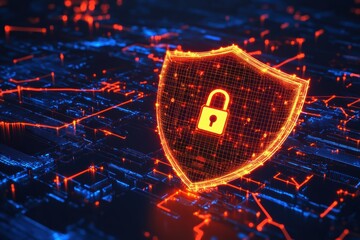Poster - Cyber security shield icon with lock representing data protection and privacy measures