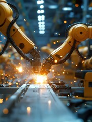 Poster - Automated welding robots assembling parts in a high-tech manufacturing plant