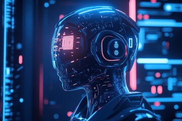 Poster - Futuristic robotic head design with glowing tech elements and detailed circuitry