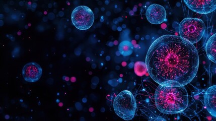 Poster - Abstract Visualization of Colorful Cells with Glowing Elements and Bokeh Effects on a Dark Background Representing Microbiology and Life Forms