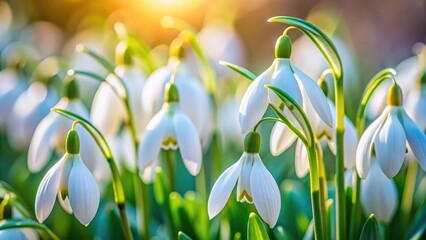 Wall Mural - Spring's gentle snowdrops unfurl in a macro lens' embrace, their delicate beauty highlighted.