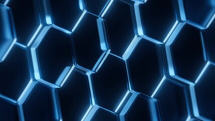 Fototapete - Hexagon background. Blue abstract hexagonal glass pattern 3d render. Empty blank with mosaic structure for futuristic concept. Cyberspace surface for technology template. Seamless loop.