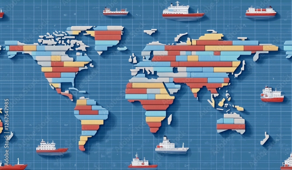 World map made of colorful shipping containers with various cargo ships ...