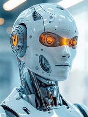 Poster - Humanoid robot with a retro design symbolizing the evolution of robotics and AI captured in a bright detailed setting