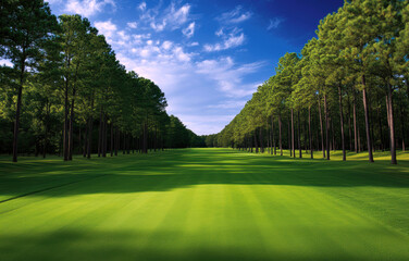 A picturesque view of a beautifully maintained golf course, lined with tall pine trees under a bright blue sky, inviting golfers to enjoy a tranquil day outdoors.