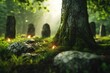 © Sergio Lucci - Moss-covered tree trunk in a mystical forest with ancient standing stones and glowing fireflies, creating an enchanted atmosphere