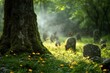 © Sergio Lucci - Moss-covered tree trunk in a mystical forest with ancient standing stones and glowing fireflies, creating an enchanted atmosphere