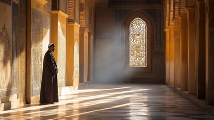 Aufkleber - A Muslim man stands in serene contemplation within a beautifully designed mosque, illuminated by soft afternoon light. The intricate architecture creates a peaceful atmosphere