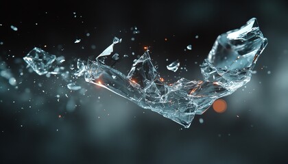 Poster - Shattering glass fragment with sharp edges, pieces flying in midair, dramatic lighting highlighting the transparency and fragility of the glass