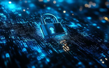 Poster - Tech security concept with a blue digital background, a glowing padlock symbol, binary code flowing, futuristic design with dynamic and hightech digital elements