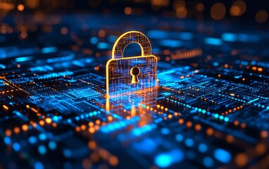 Poster - Tech security concept with a blue digital background, a glowing padlock symbol, binary code flowing, futuristic design with dynamic and hightech digital elements