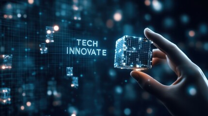 Poster - Digital Innovation Concept with Hand Holding Futuristic Cube