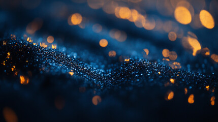 Poster - Shimmering blue and gold particles dance in a mesmerizing display of depth and texture