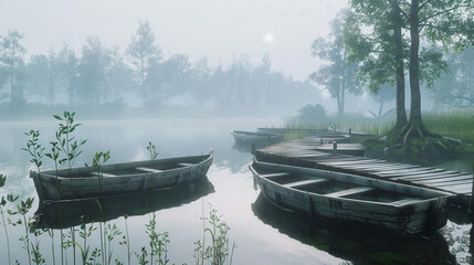 Wall Mural - A picturesque fishing dock at the edge of a misty lake, with rustic wooden boats and calm water reflecting the surrounding trees.