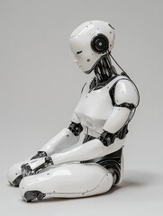 Poster - A sleek white humanoid robot figure sits on a plain gray background wearing a headset with an earpiece