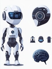 Poster - Futuristic Cartoon Set of AI Robots and Digital Brain Concept isolated on white. AI robot bot. Chat, chatbot technology