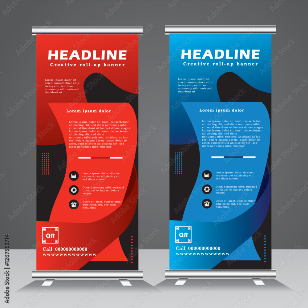 Roll up banner template design for business, modern x-banner with blue ...