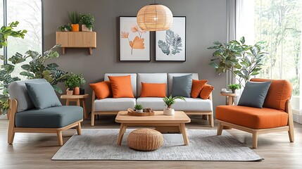 Wall Mural - Modern living room furniture, plants, sunny window