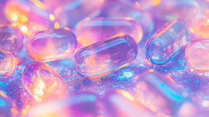 Poster - Vibrant capsules glimmering in an ethereal light creating a mesmerizing abstract composition