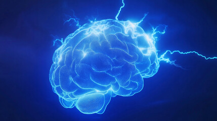 Poster - Illuminated brain radiates energy in a mesmerizing blue glow, symbolizing thoughts and creativity in a vibrant digital realm