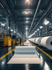 Poster - Printing factory interior with massive paper rolls on processing machines, industrial automation, high-tech manufacturing environment