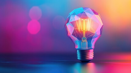 Poster - Polygon idea light bulb on blurred gradient multicolored background. Global cryptocurrency blockchain business banner concept. Lamp symbolize inspiration, innovation, invention, effective thinking.