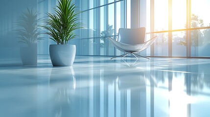 Poster - Modern office lounge, sunrise view, chair, plants