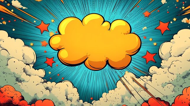 Cartoon pop art comic book explosion background with a yellow speech bubble on a blue background with red stars and white clouds, 