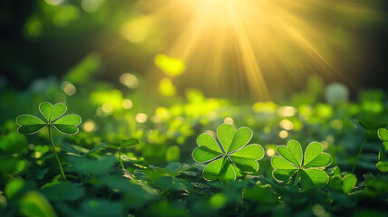 Wall Mural - green shamrock clover leaves with sun rays and bokeh effect for st patrick's day celebration