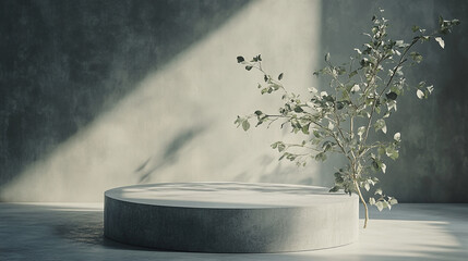 Poster - Soft shadows dance on a concrete pedestal adorned with a delicate plant in a tranquil indoor space