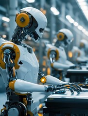 Poster - Robots with AI capabilities working in a high-tech manufacturing environment, performing tasks autonomously.